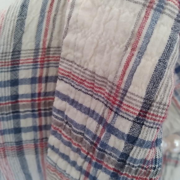 White Crow Summer Seersucker Plaid Button Down Shirt with Lace Panels - Picture 8 of 13